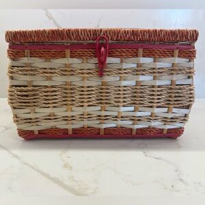 Vintage Woven Wicker Sewing Basket Made in Japan Woven Red Rose Accents